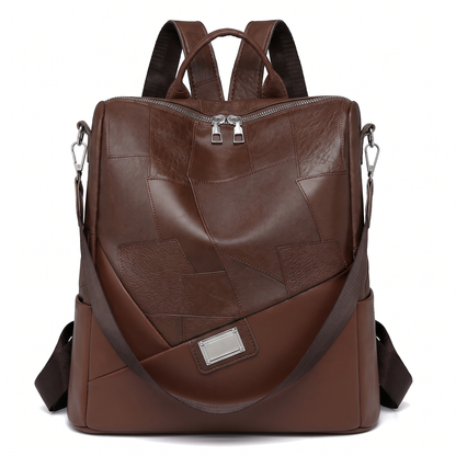 Women's Faux Leather Patchwork Backpack in Chestnut Brown