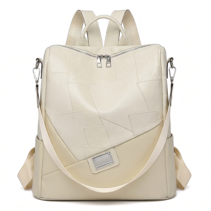 Women's Faux Leather Patchwork Backpack in Cream