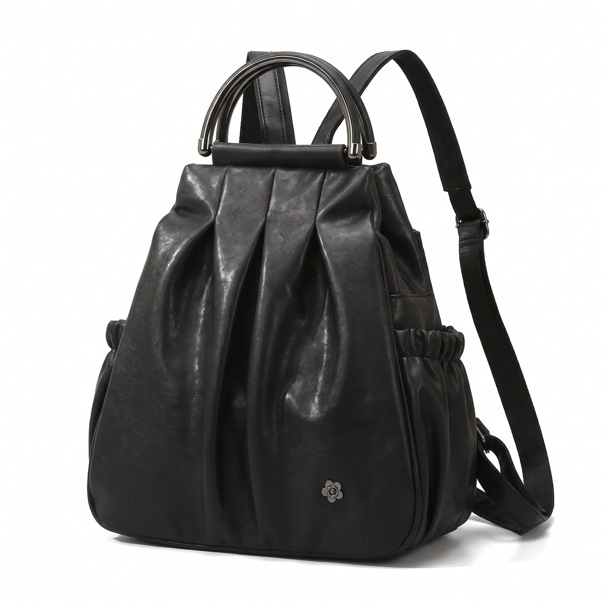 Women's Faux Leather Pleated Backpack, three-quarter view