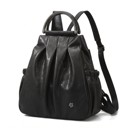 Women's Faux Leather Pleated Backpack, three-quarter view