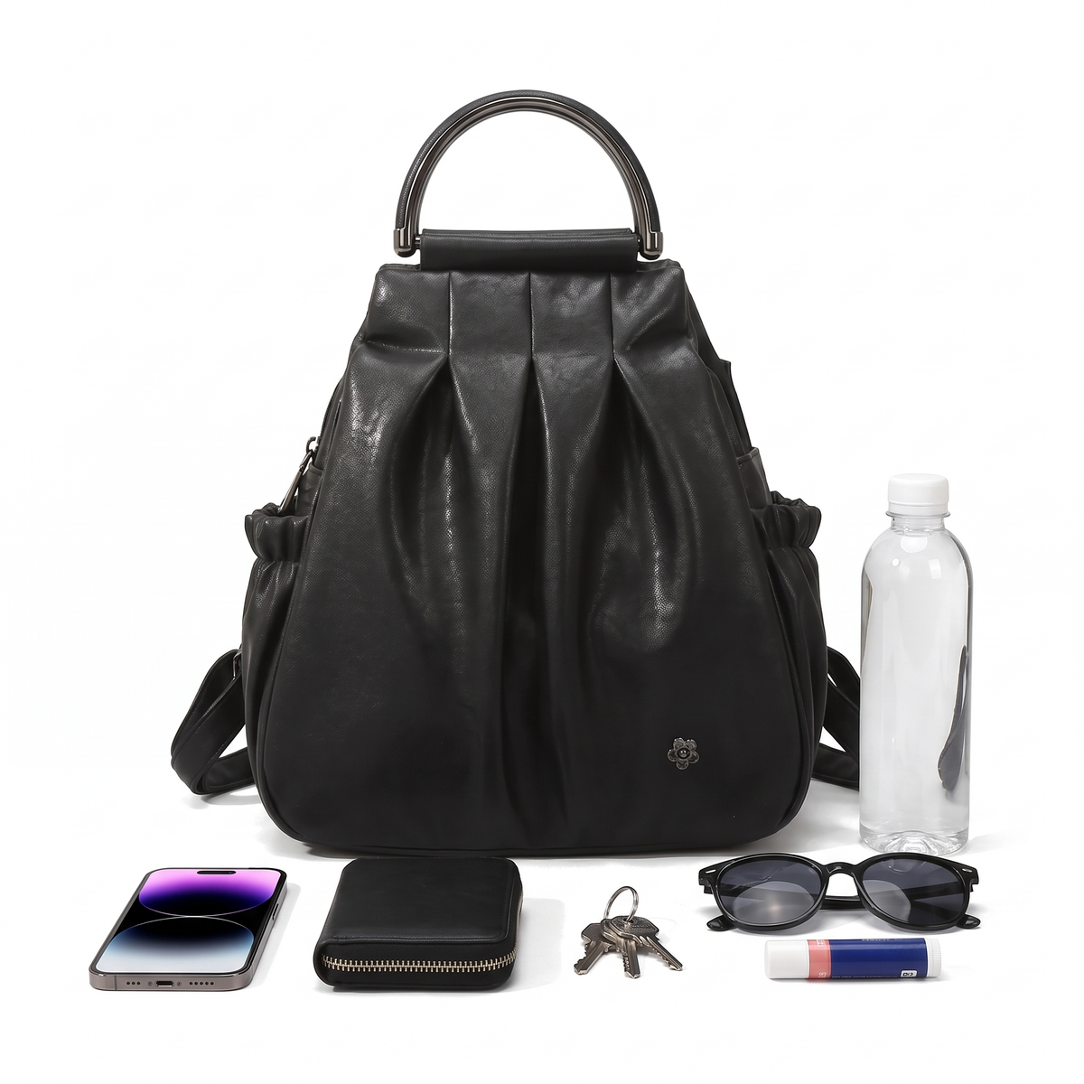 Women's Faux Leather Pleated Backpack, what fits inside