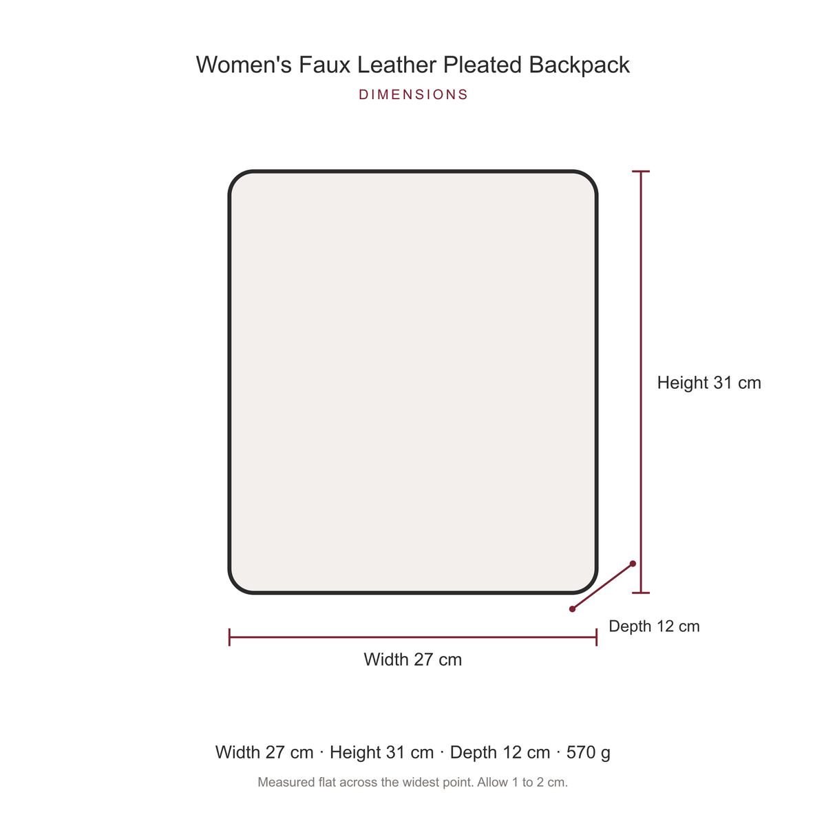 Women's Faux Leather Pleated Backpack, dimensions