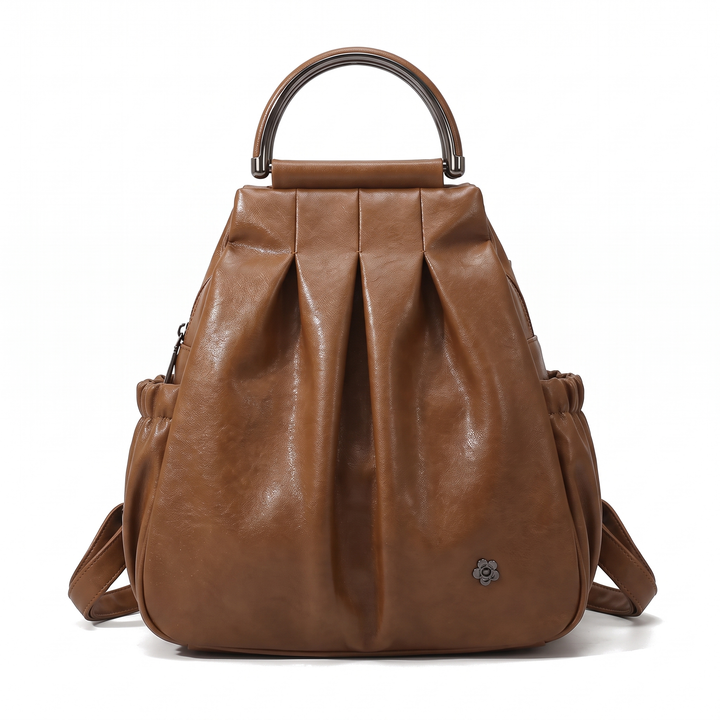 Women's Faux Leather Pleated Backpack, Black City Backpack Purse — Cognac