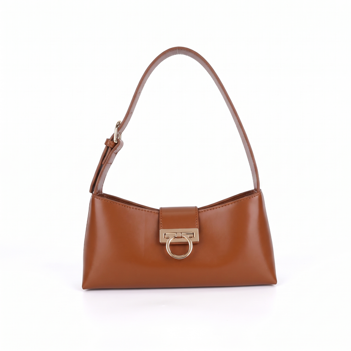 Women's Faux Leather Shoulder Bag, Black Gold Clasp East West Bag — Cognac Brown