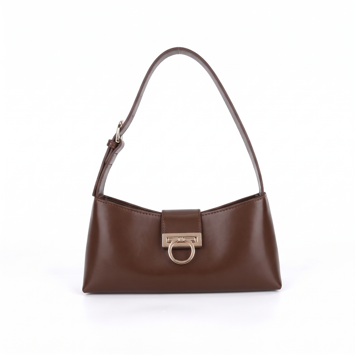 Women's Faux Leather Shoulder Bag, Black Gold Clasp East West Bag — Dark Brown