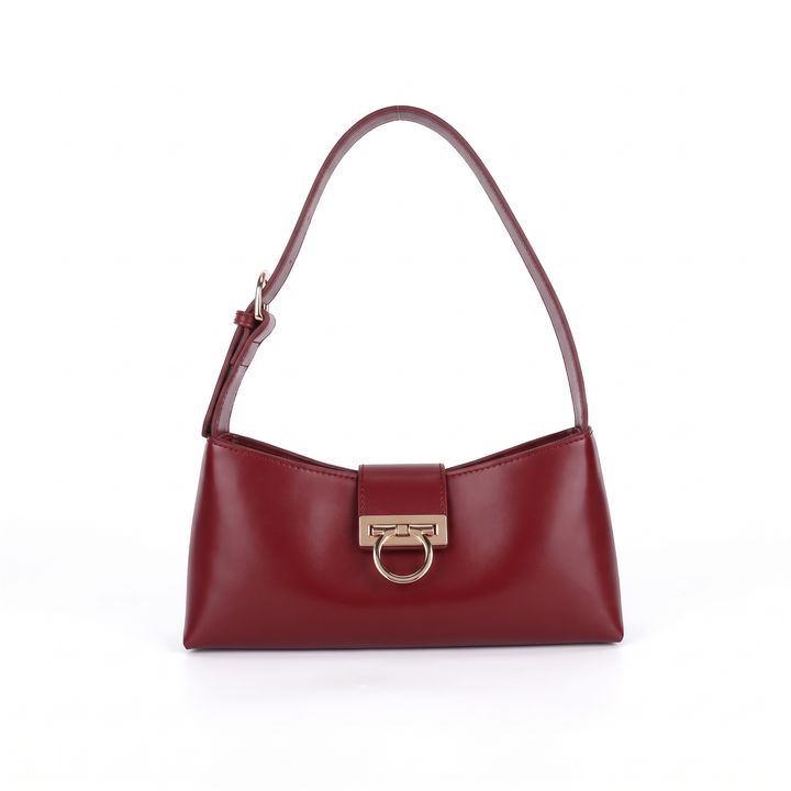 Women's Faux Leather Shoulder Bag, Black Gold Clasp East West Bag — Deep Red