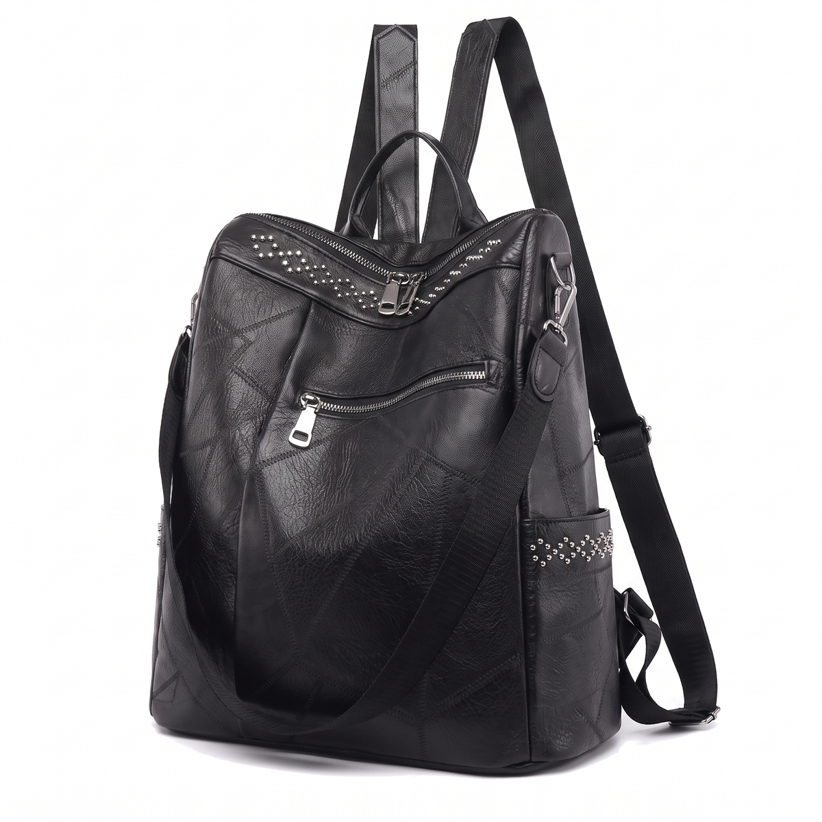 Women's Faux Leather Studded Backpack, three-quarter view