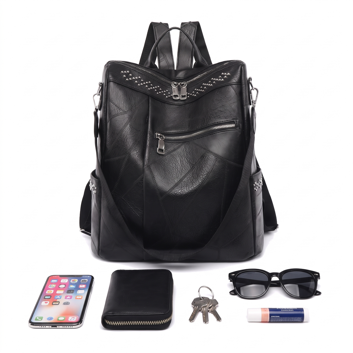 Women's Faux Leather Studded Backpack, what fits inside