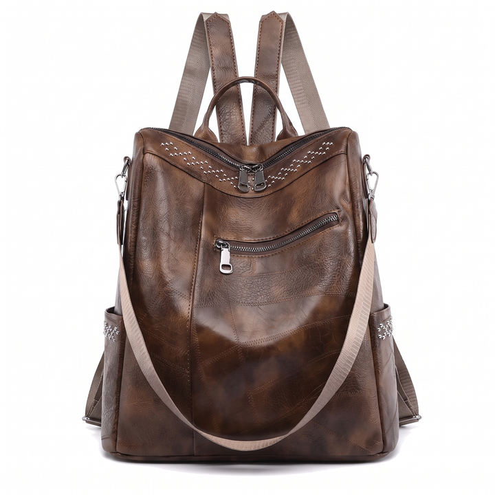 Women's Faux Leather Studded Backpack, Black Everyday Casual Backpack Purse — Coffee