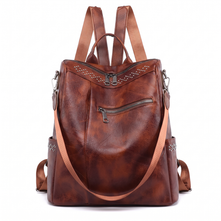 Women's Faux Leather Studded Backpack, Black Everyday Casual Backpack Purse — Cognac