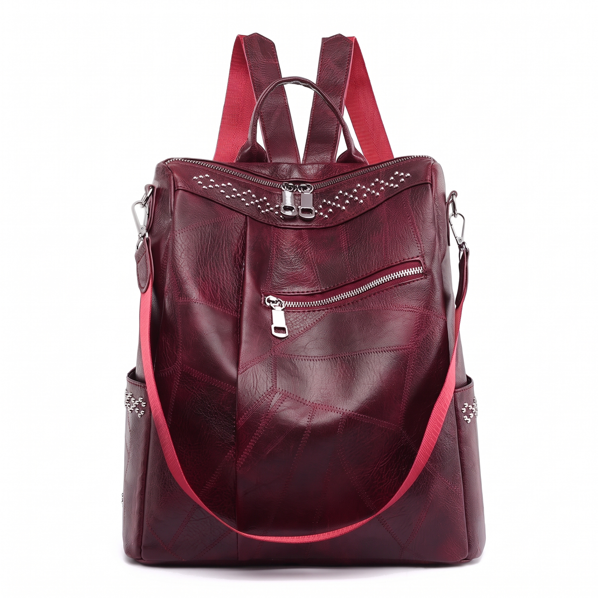 Women's Faux Leather Studded Backpack in Wine Red