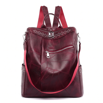 Women's Faux Leather Studded Backpack in Wine Red