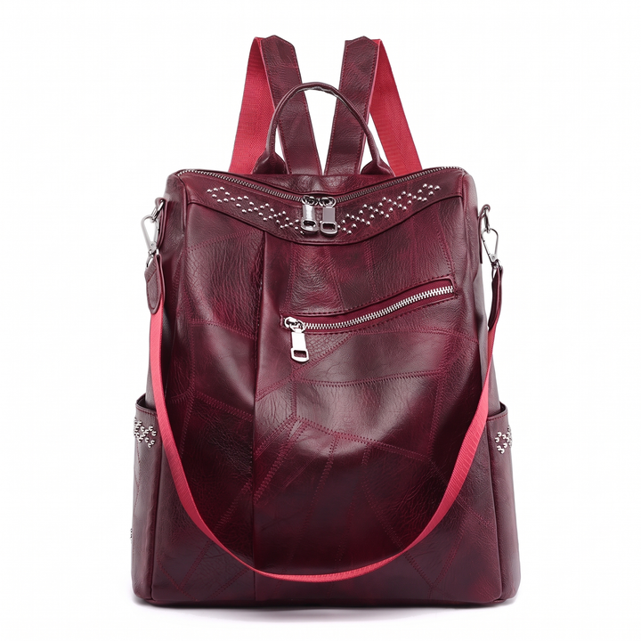 Women's Faux Leather Studded Backpack, Black Everyday Casual Backpack Purse — Wine Red