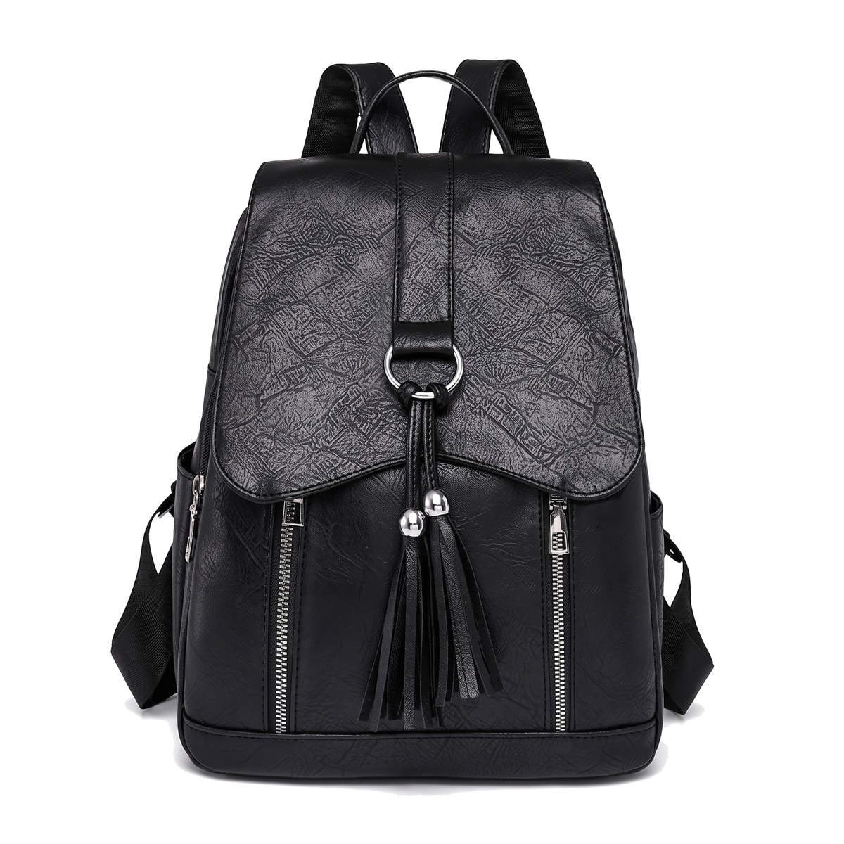 Women's Faux Leather Tassel Flap Backpack, front view