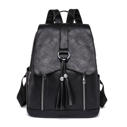 Women's Faux Leather Tassel Flap Backpack, front view