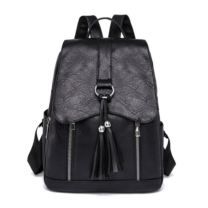 Women's Faux Leather Tassel Flap Backpack, front view