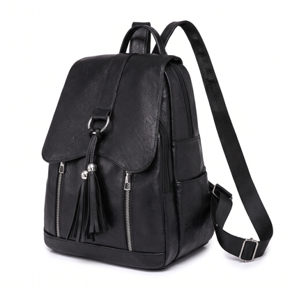 Women's Faux Leather Tassel Flap Backpack, three-quarter view
