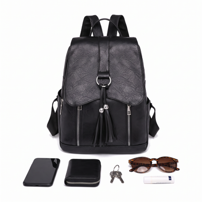 Women's Faux Leather Tassel Flap Backpack, what fits inside