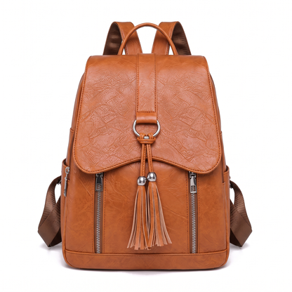 Women's Faux Leather Tassel Flap Backpack in Cognac