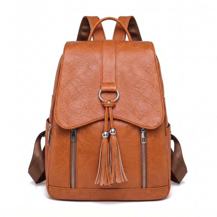 Women's Faux Leather Tassel Flap Backpack, Black Everyday Casual Backpack Purse — Cognac