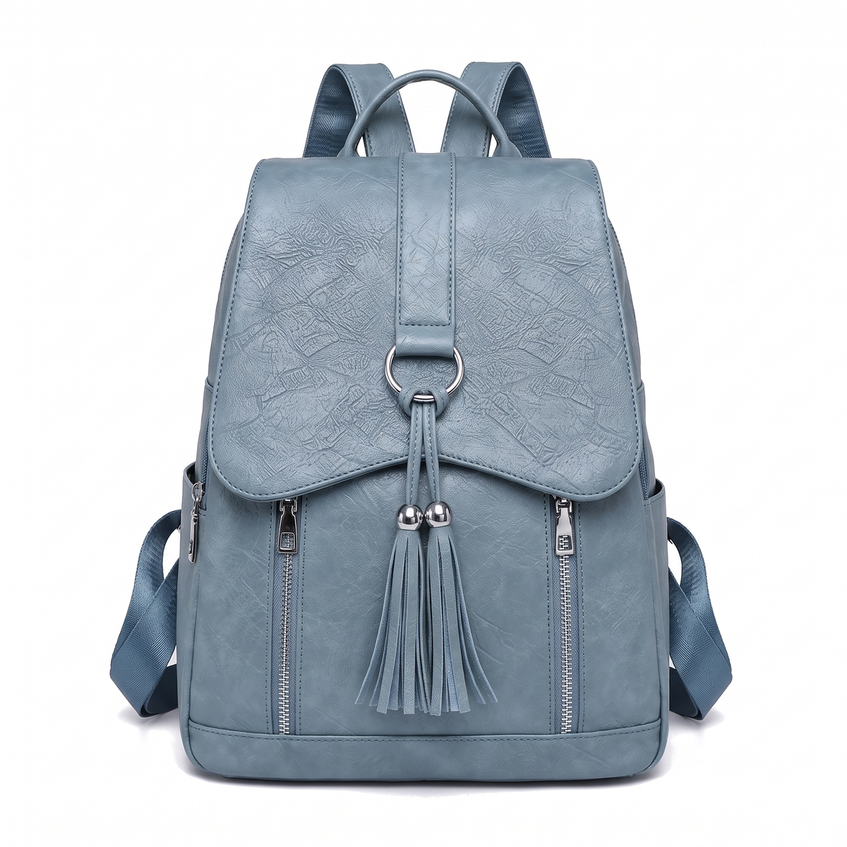 Women's Faux Leather Tassel Flap Backpack in Dusty Blue
