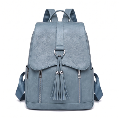Women's Faux Leather Tassel Flap Backpack in Dusty Blue