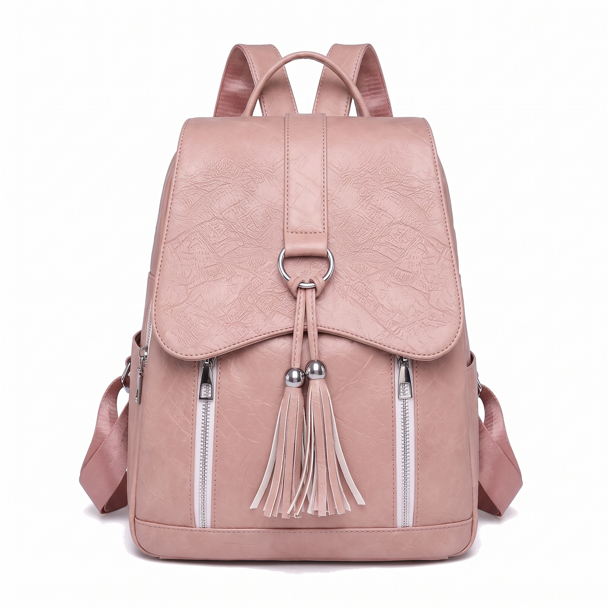 Women's Faux Leather Tassel Flap Backpack in Dusty Pink