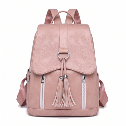 Women's Faux Leather Tassel Flap Backpack in Dusty Pink