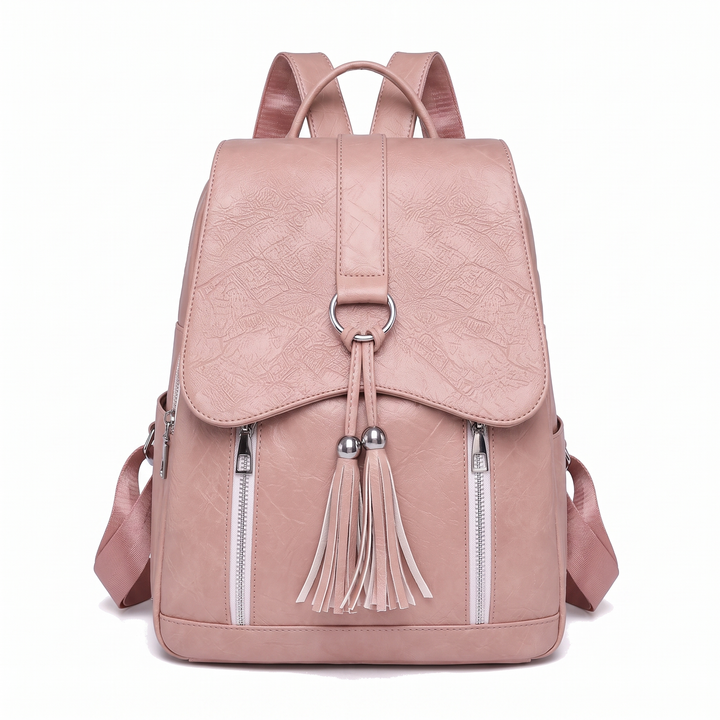 Women's Faux Leather Tassel Flap Backpack, Black Everyday Casual Backpack Purse — Dusty Pink