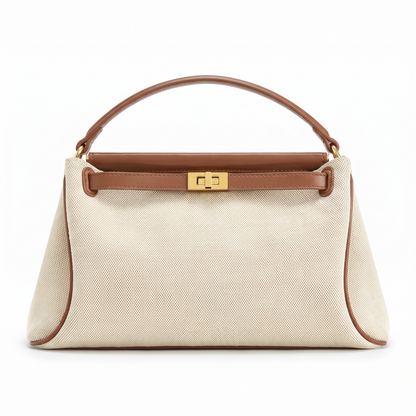 Women's Faux Leather Top Handle Bag in Cream Canvas