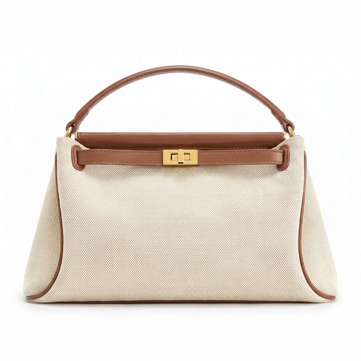 Women's Faux Leather Top Handle Bag, Black Gold Turn Lock Mini Handbag — Cream Canvas