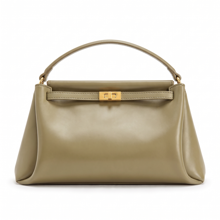 Women's Faux Leather Top Handle Bag, Black Gold Turn Lock Mini Handbag — Olive