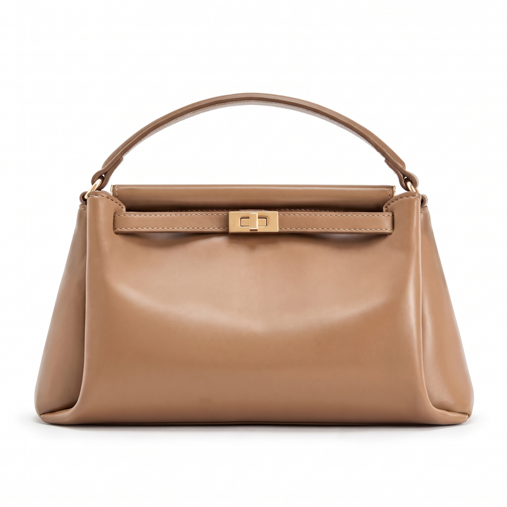 Women's Faux Leather Top Handle Bag, Black Gold Turn Lock Mini Handbag — Tan
