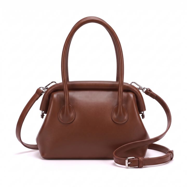 Women's Vegan Leather Top Handle Doctor Bag, Red Hinged Frame Handbag — Chocolate Brown