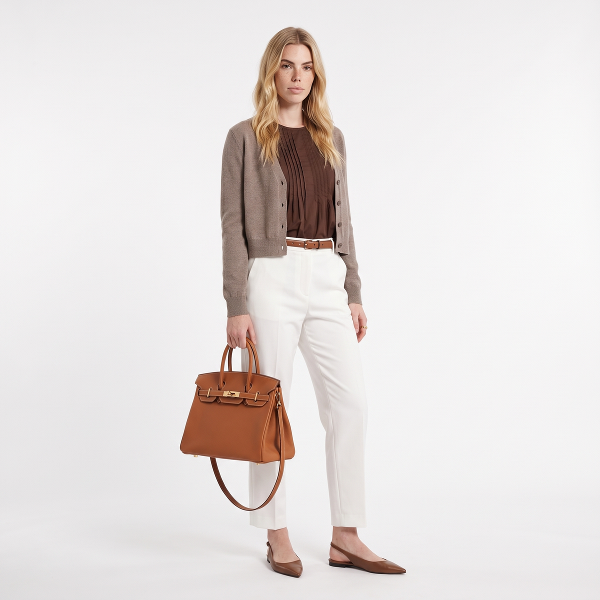 Women's Faux Leather Turn-Lock Top Handle Bag, worn by a model