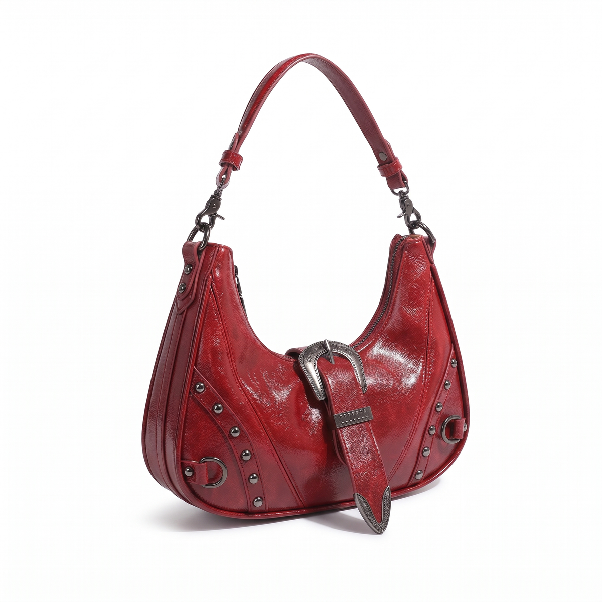 Women's Vegan Leather Western Buckle Shoulder Bag, three-quarter view