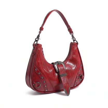 Women's Vegan Leather Western Buckle Shoulder Bag, three-quarter view