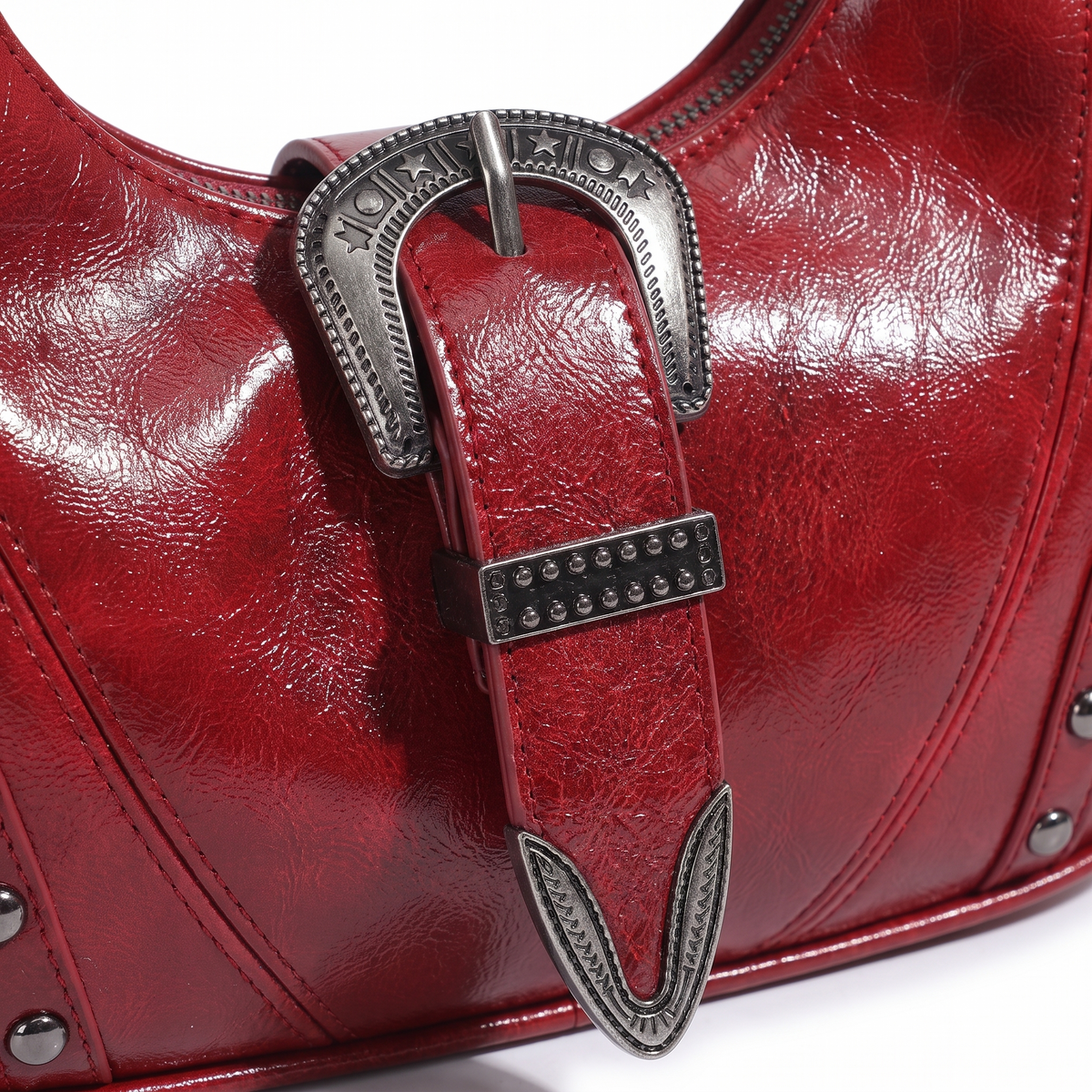 Women's Vegan Leather Western Buckle Shoulder Bag, hardware close-up