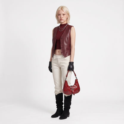 Women's Vegan Leather Western Buckle Shoulder Bag, worn by a model