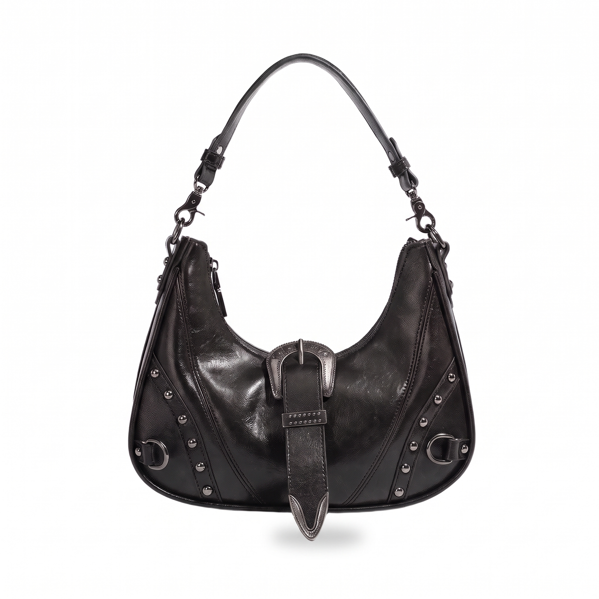 Women's Vegan Leather Western Buckle Shoulder Bag in Black