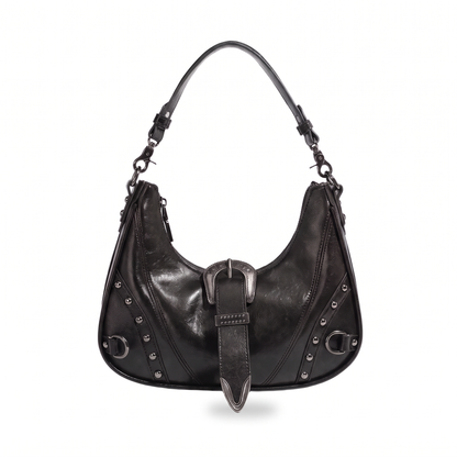 Women's Vegan Leather Western Buckle Shoulder Bag in Black