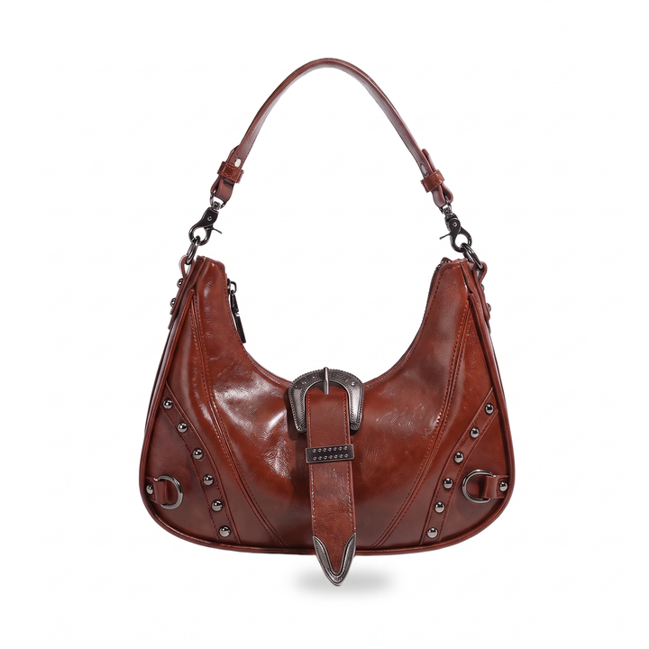 Women's Vegan Leather Western Buckle Shoulder Bag, Cherry Red Studded Half Moon Bag — Chestnut Brown