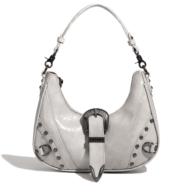 Women's Vegan Leather Western Buckle Shoulder Bag, Cherry Red Studded Half Moon Bag — Light Grey
