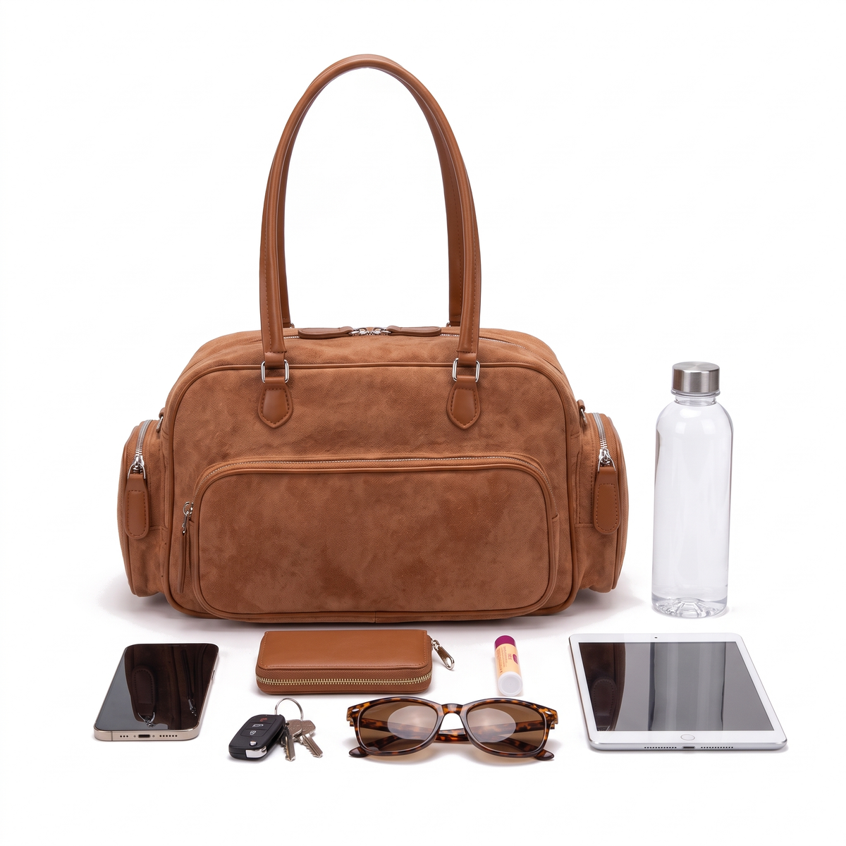 Women's Faux Suede Boston Bag, what fits inside