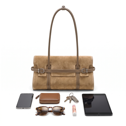Women's Faux Suede East West Shoulder Bag, what fits inside