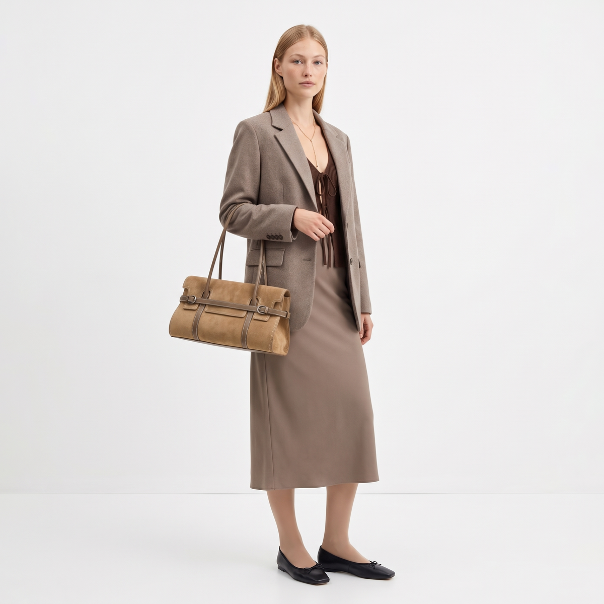 Women's Faux Suede East West Shoulder Bag, worn by a model