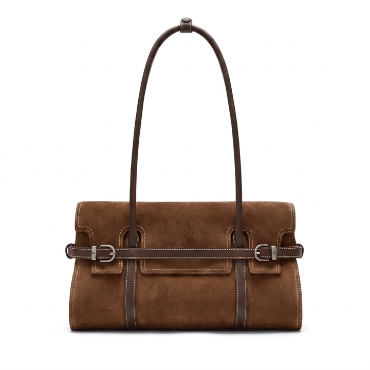 Women's Faux Suede East West Shoulder Bag, Camel Belted Flap Bag — Chocolate Brown