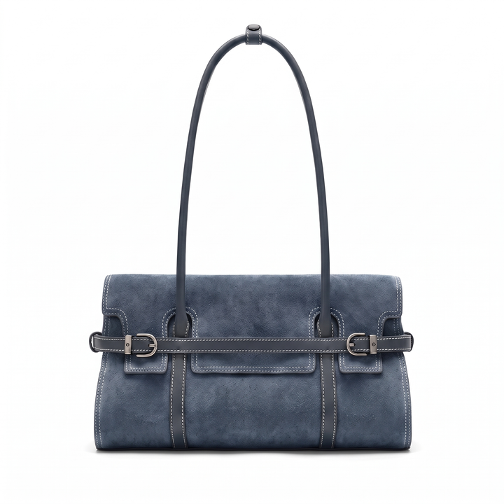 Women's Faux Suede East West Shoulder Bag, Camel Belted Flap Bag — Slate Blue