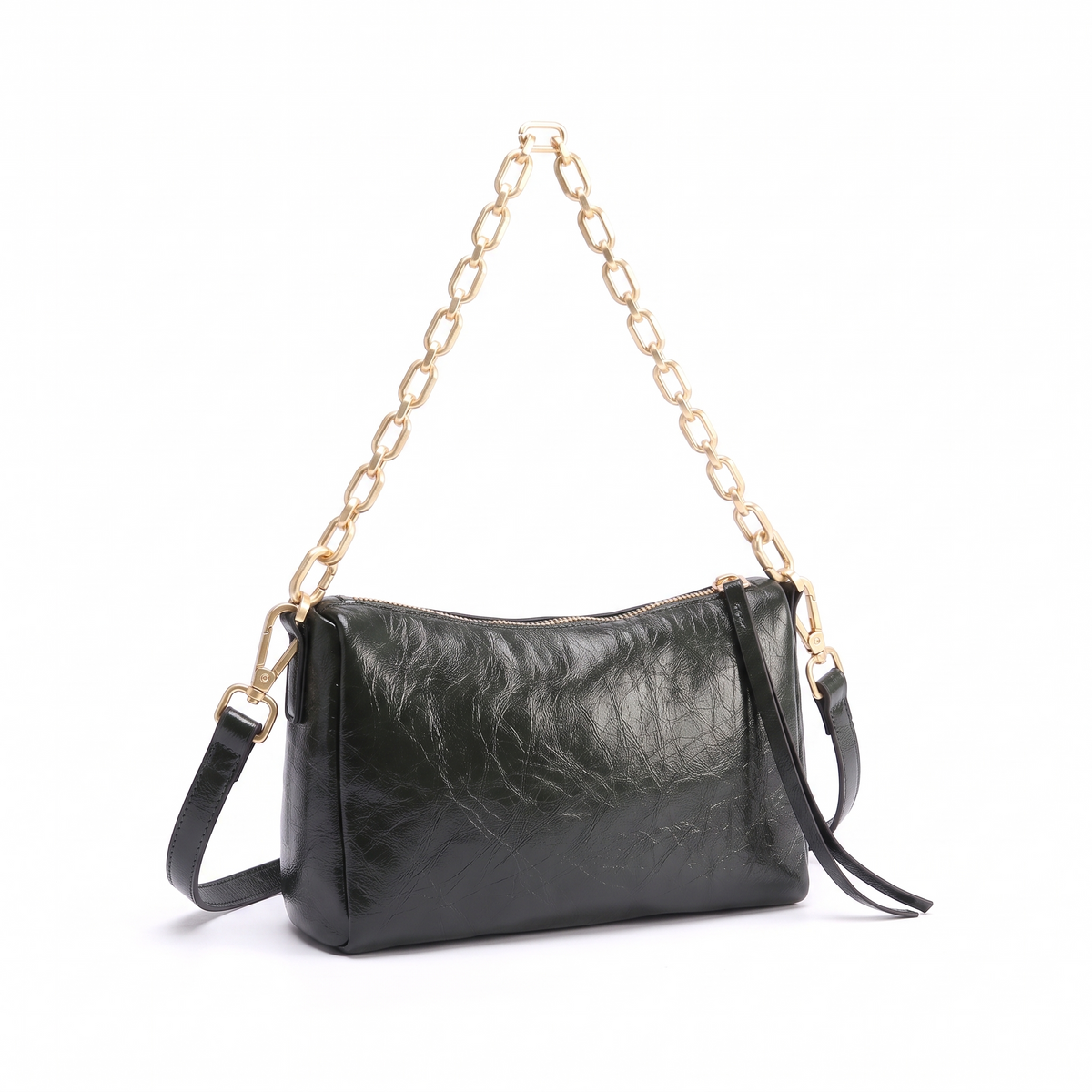 Women's Glossy Faux Leather Chain Shoulder Bag, three-quarter view