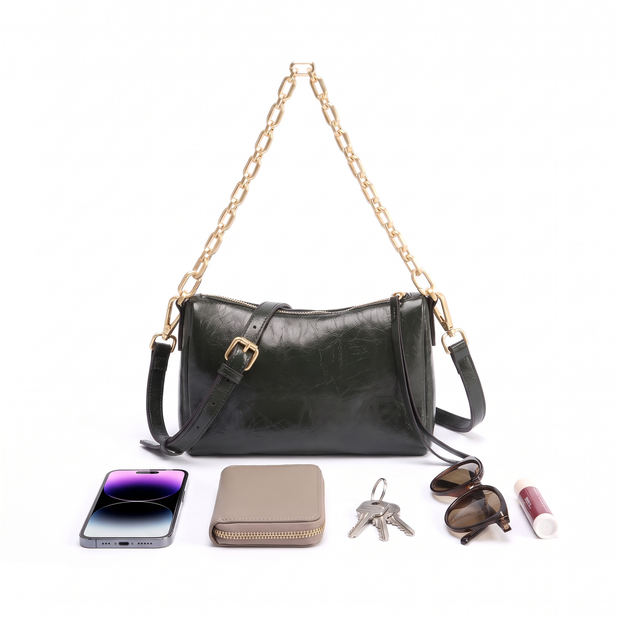 Women's Glossy Faux Leather Chain Shoulder Bag, what fits inside